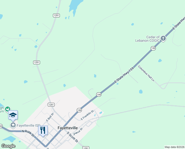 map of restaurants, bars, coffee shops, grocery stores, and more near 412 Farm to Market Road 1291 in Fayetteville