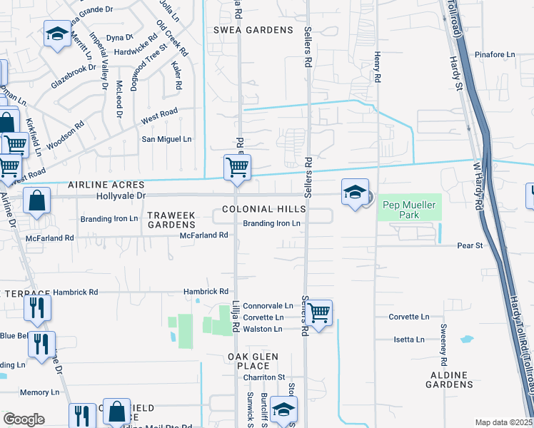 map of restaurants, bars, coffee shops, grocery stores, and more near 530 Hollyvale Drive in Houston