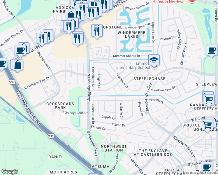 map of restaurants, bars, coffee shops, grocery stores, and more near 9802 Canterhurst Circle in Houston
