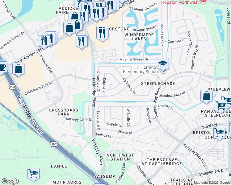 map of restaurants, bars, coffee shops, grocery stores, and more near 9802 Canterhurst Circle in Houston