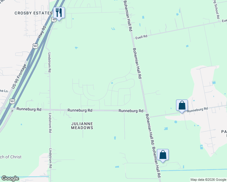 map of restaurants, bars, coffee shops, grocery stores, and more near 1927 Runneburg Road in Crosby