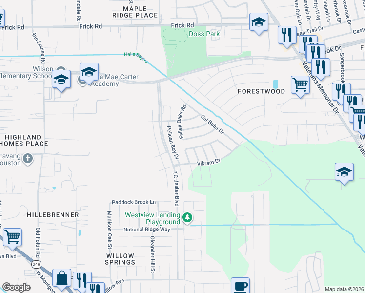 map of restaurants, bars, coffee shops, grocery stores, and more near 2666 Tinas Terrace Drive in Houston