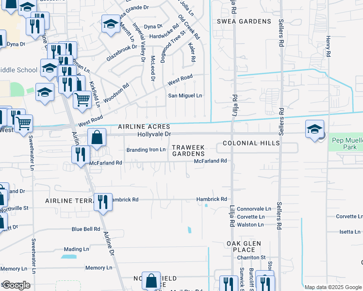 map of restaurants, bars, coffee shops, grocery stores, and more near 314 Hollyvale Drive in Houston