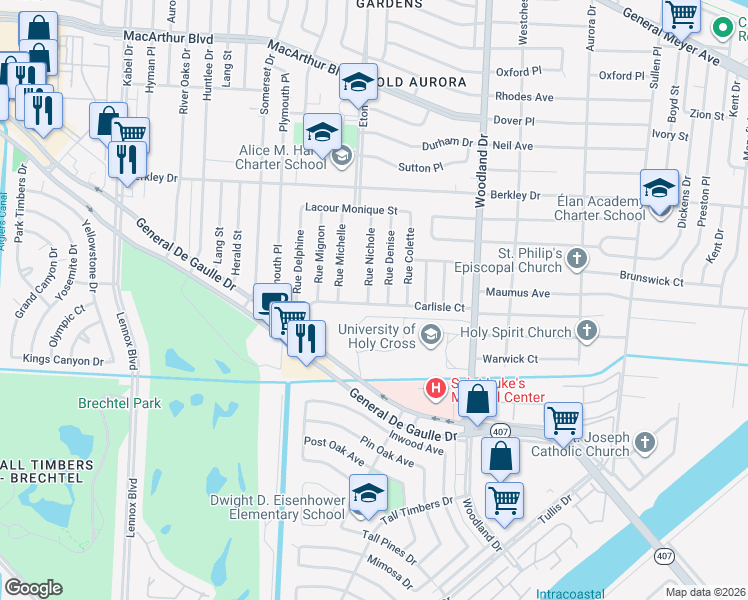 map of restaurants, bars, coffee shops, grocery stores, and more near 3711 Rue Denise in New Orleans