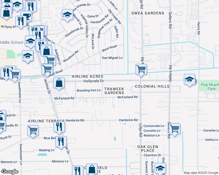map of restaurants, bars, coffee shops, grocery stores, and more near 314 Hollyvale Drive in Houston