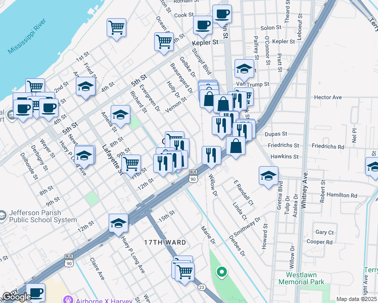 map of restaurants, bars, coffee shops, grocery stores, and more near 80 Willow Drive in Gretna