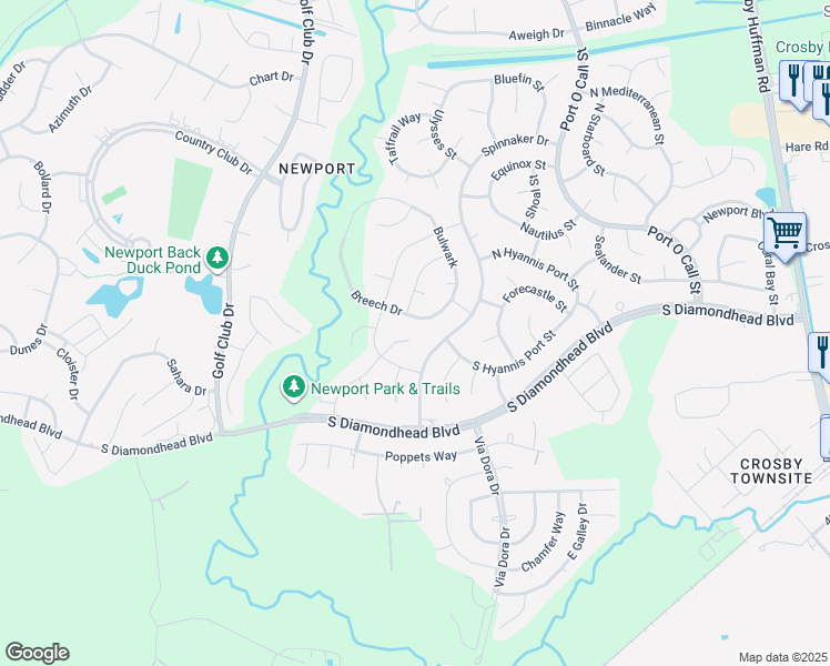 map of restaurants, bars, coffee shops, grocery stores, and more near 1011 Breech Drive in Crosby