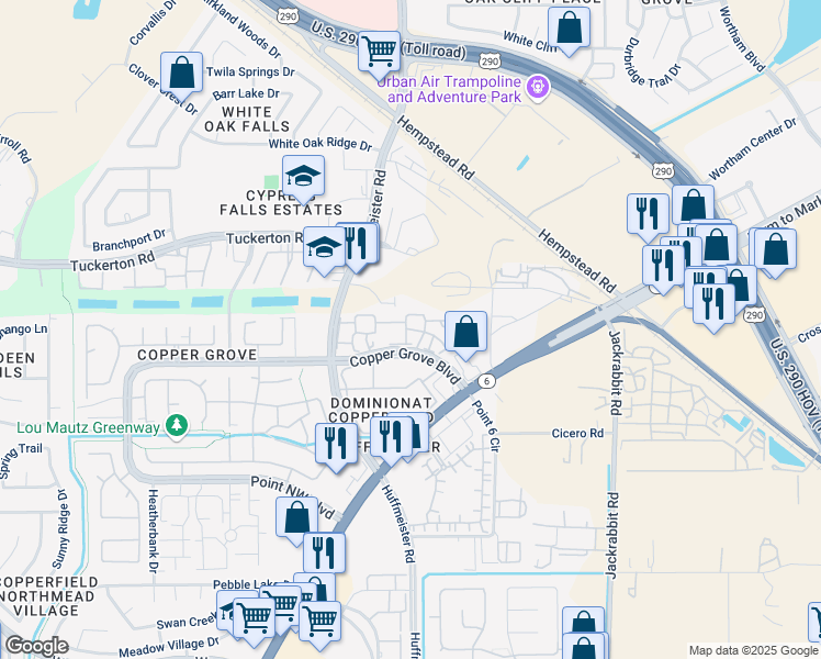 map of restaurants, bars, coffee shops, grocery stores, and more near 15050 Copper Grove Boulevard in Houston