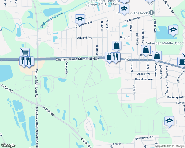 map of restaurants, bars, coffee shops, grocery stores, and more near 625 Fairway Drive in St. Augustine