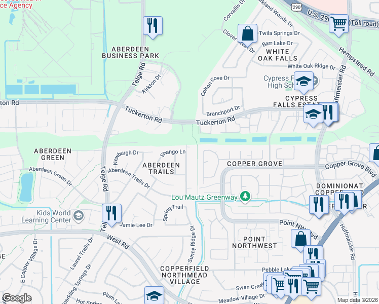 map of restaurants, bars, coffee shops, grocery stores, and more near 9438 Hudson Bend Circle in Houston