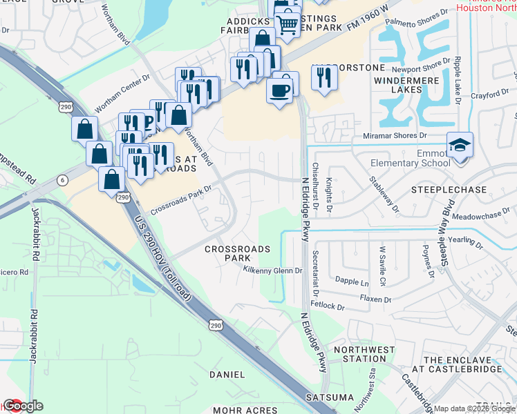 map of restaurants, bars, coffee shops, grocery stores, and more near 12503 Antean Way Court in Houston