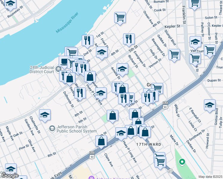map of restaurants, bars, coffee shops, grocery stores, and more near 738 Lafayette Street in Gretna