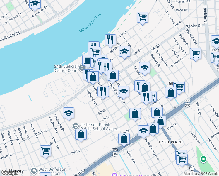 map of restaurants, bars, coffee shops, grocery stores, and more near 735 6th Street in Gretna