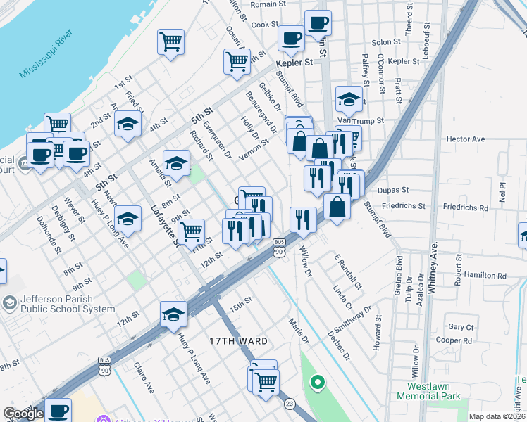 map of restaurants, bars, coffee shops, grocery stores, and more near 80 Willow Drive in Gretna
