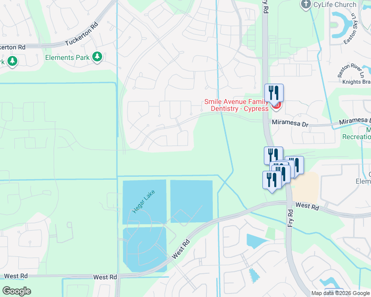 map of restaurants, bars, coffee shops, grocery stores, and more near 9107 Eskesen Drive in Cypress