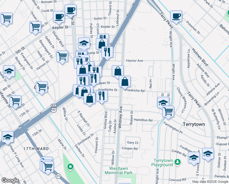 map of restaurants, bars, coffee shops, grocery stores, and more near 1320 Fredericks Street in Gretna