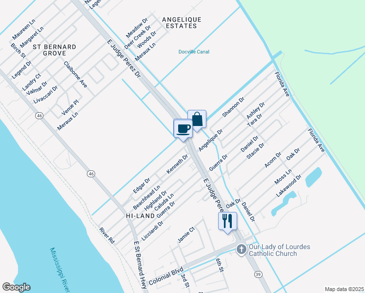 map of restaurants, bars, coffee shops, grocery stores, and more near 2516 Edgar Drive in Violet