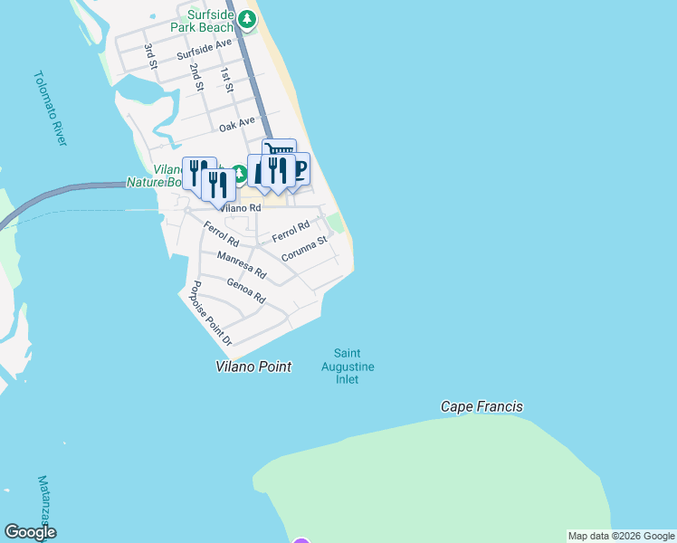 map of restaurants, bars, coffee shops, grocery stores, and more near 22 Viejo Street in Saint Augustine