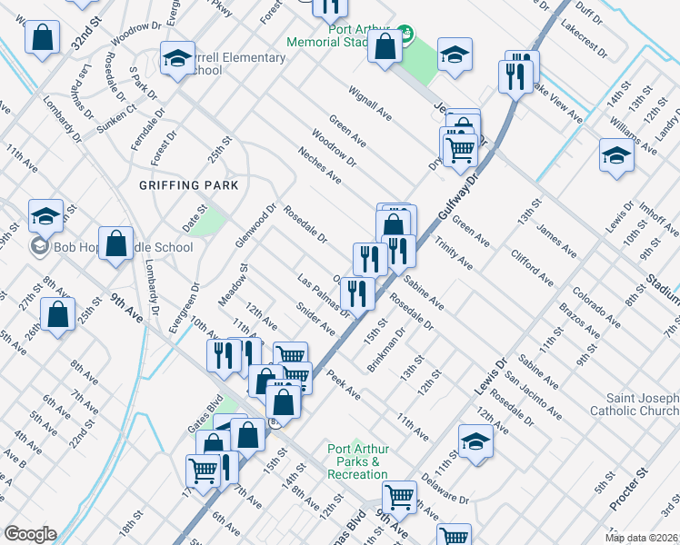 map of restaurants, bars, coffee shops, grocery stores, and more near 4101 Dryden Road in Port Arthur