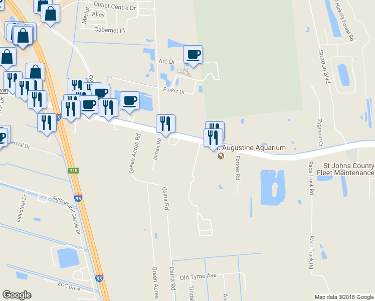map of restaurants, bars, coffee shops, grocery stores, and more near 2125 Florida 16 in St. Augustine