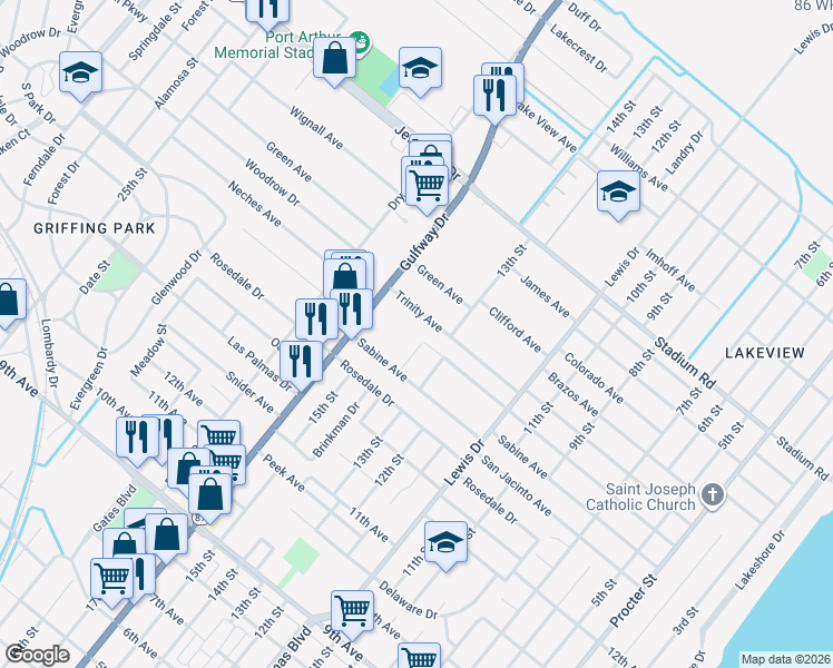 map of restaurants, bars, coffee shops, grocery stores, and more near 4440 Gulfway Drive in Port Arthur
