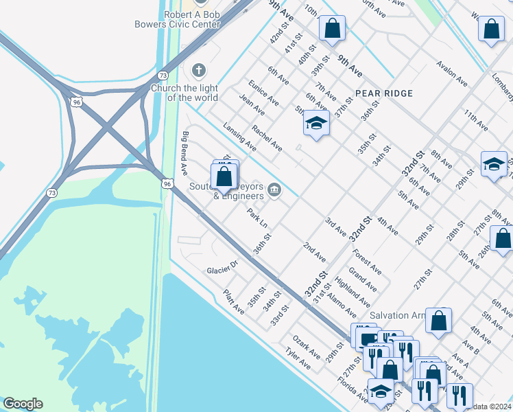 map of restaurants, bars, coffee shops, grocery stores, and more near 3010 Plaza Cove in Port Arthur