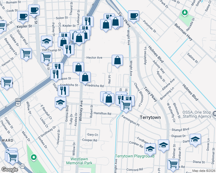 map of restaurants, bars, coffee shops, grocery stores, and more near 227 Fredericks Street in Gretna