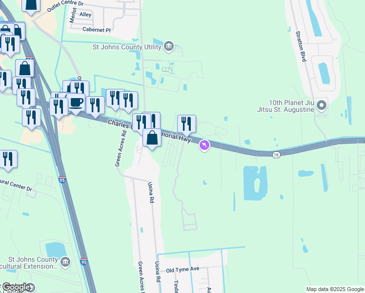 map of restaurants, bars, coffee shops, grocery stores, and more near 2125 Florida 16 in St. Augustine
