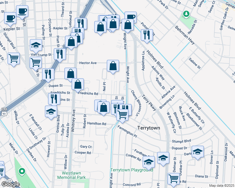 map of restaurants, bars, coffee shops, grocery stores, and more near 246 Helen Street in Terrytown