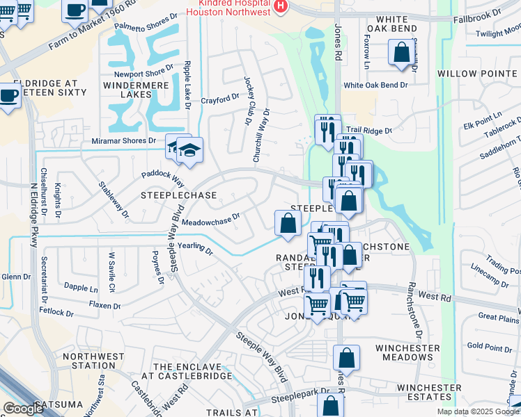 map of restaurants, bars, coffee shops, grocery stores, and more near 11403 Meadowchase Drive in Houston
