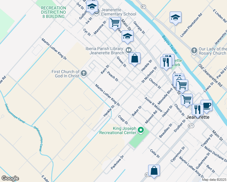 map of restaurants, bars, coffee shops, grocery stores, and more near 609 Pellerin Street in Jeanerette