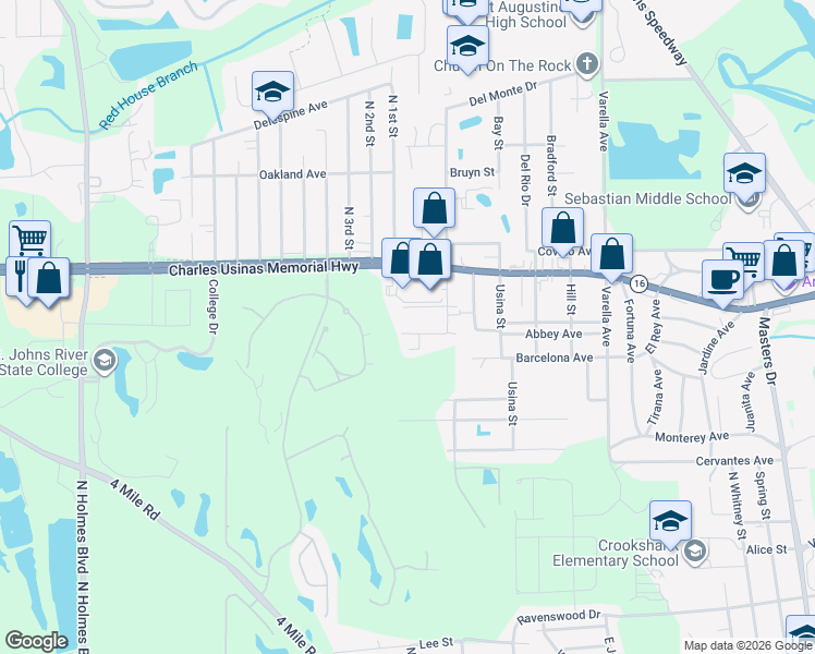 map of restaurants, bars, coffee shops, grocery stores, and more near 551 Lawrence Avenue in St. Augustine