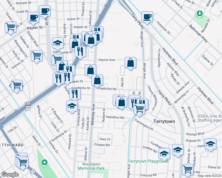 map of restaurants, bars, coffee shops, grocery stores, and more near 3 Hawkins Street in Terrytown