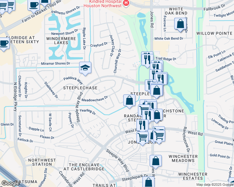 map of restaurants, bars, coffee shops, grocery stores, and more near 11403 Meadowchase Drive in Houston