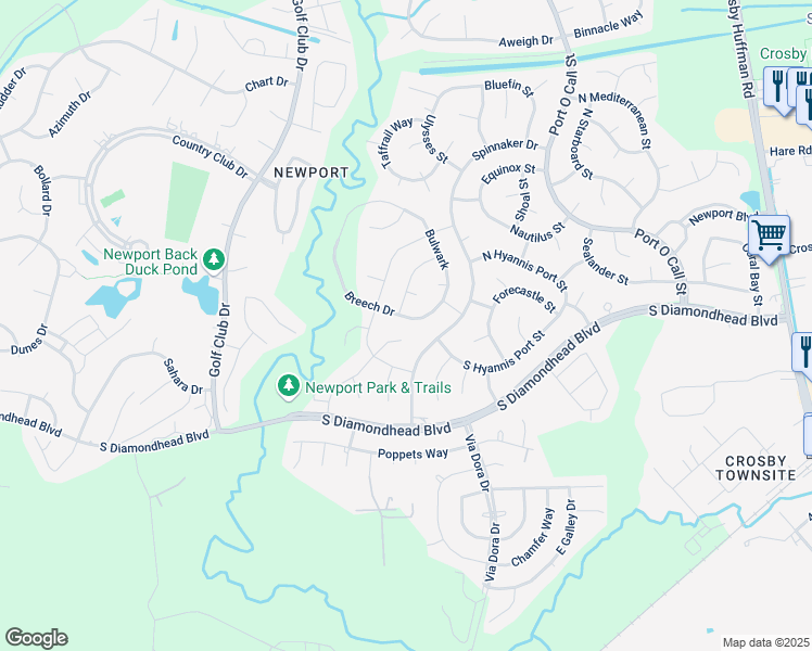 map of restaurants, bars, coffee shops, grocery stores, and more near 1011 Breech Drive in Crosby