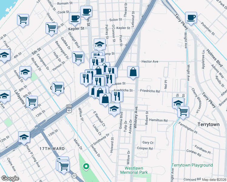 map of restaurants, bars, coffee shops, grocery stores, and more near 1212 Stumpf Boulevard in Gretna