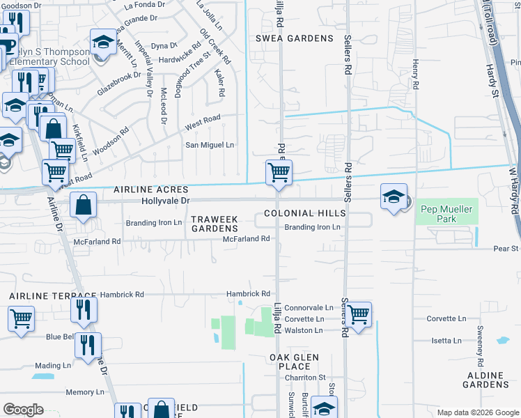 map of restaurants, bars, coffee shops, grocery stores, and more near 406 Hollyvale Drive in Houston
