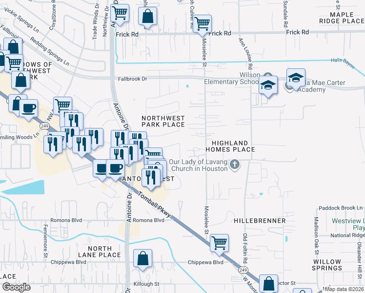 map of restaurants, bars, coffee shops, grocery stores, and more near 9858 Golden Prairie Lane in Houston