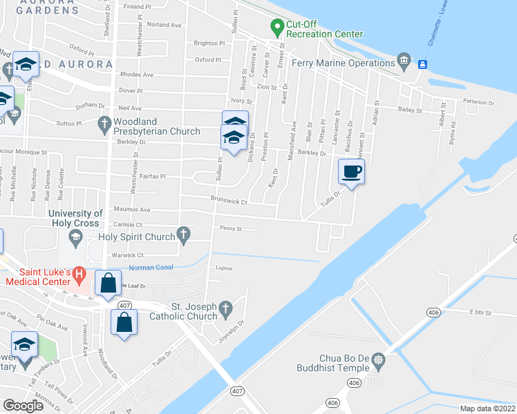 map of restaurants, bars, coffee shops, grocery stores, and more near 6625 Brunswick Court in New Orleans