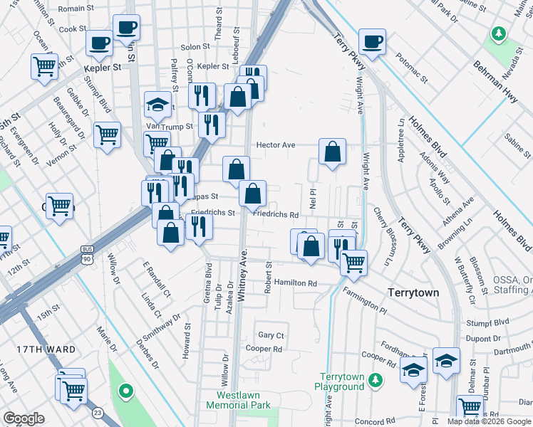 map of restaurants, bars, coffee shops, grocery stores, and more near 671 Whitney Avenue in Terrytown
