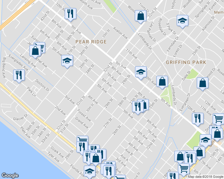 map of restaurants, bars, coffee shops, grocery stores, and more near 3342 30th Street in Port Arthur