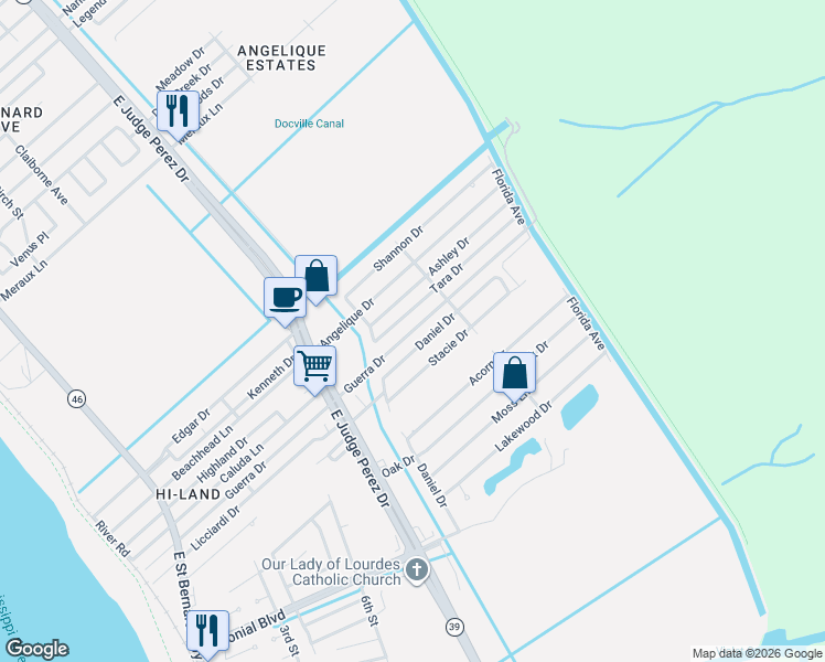 map of restaurants, bars, coffee shops, grocery stores, and more near 2808 Guerra Drive in Violet
