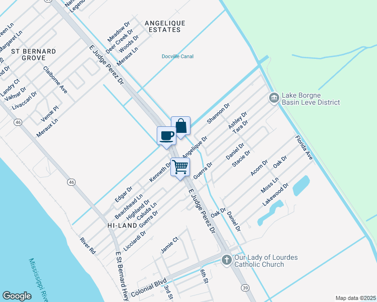 map of restaurants, bars, coffee shops, grocery stores, and more near 2620 Angelique Drive in Violet