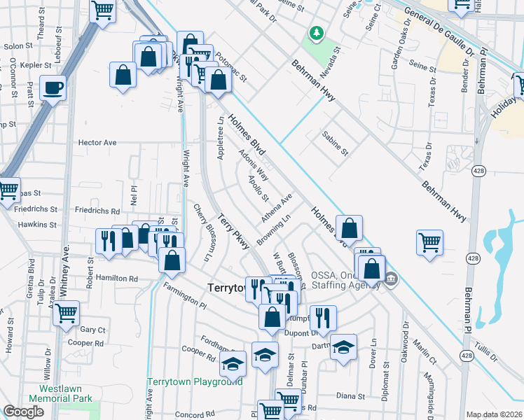 map of restaurants, bars, coffee shops, grocery stores, and more near 314 Amapola Circle in Terrytown