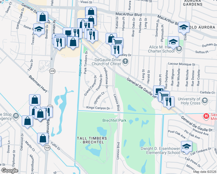 map of restaurants, bars, coffee shops, grocery stores, and more near 58 Yellowstone Drive in New Orleans