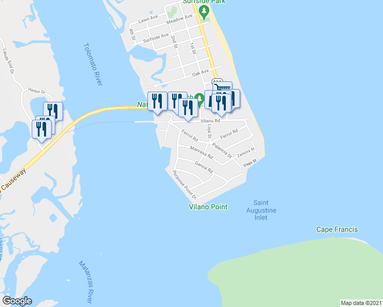 map of restaurants, bars, coffee shops, grocery stores, and more near 137 Manresa Road in St. Augustine