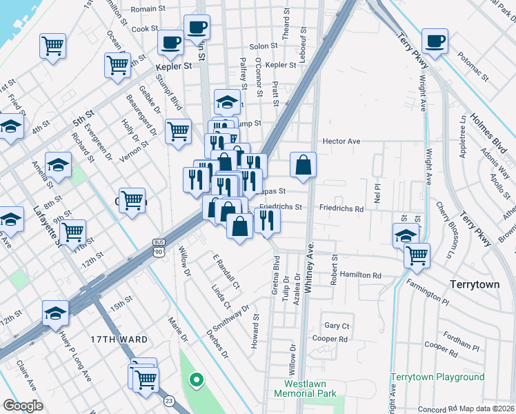 map of restaurants, bars, coffee shops, grocery stores, and more near 1212 Stumpf Boulevard in Gretna