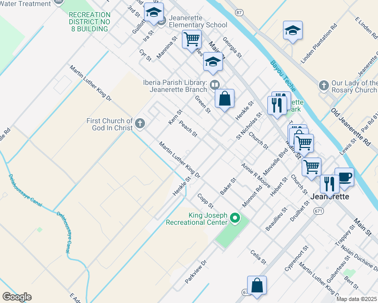 map of restaurants, bars, coffee shops, grocery stores, and more near 609 Pellerin Street in Jeanerette