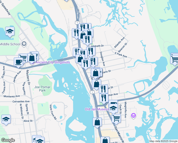 map of restaurants, bars, coffee shops, grocery stores, and more near 35 Grant Street in St. Augustine