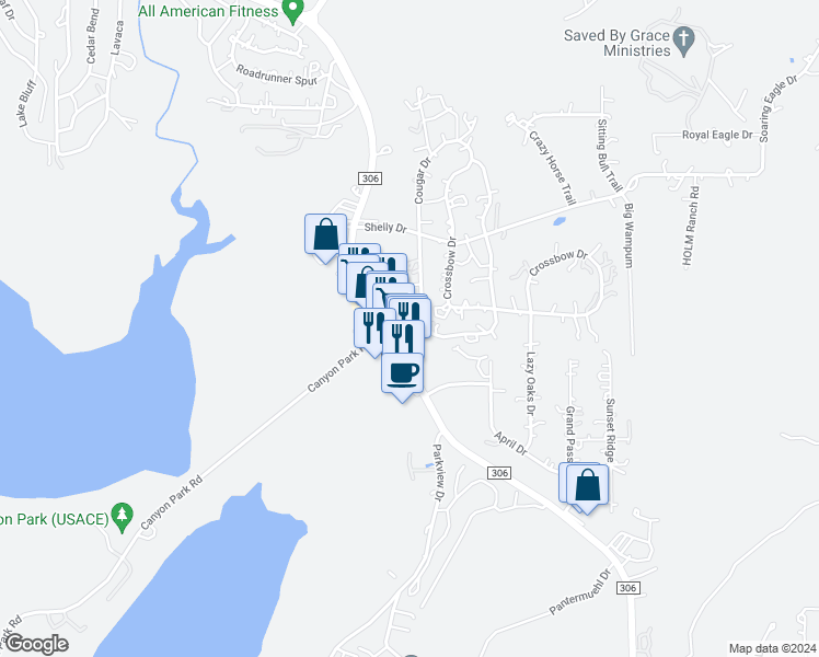 map of restaurants, bars, coffee shops, grocery stores, and more near 1226 Cougar Drive in Canyon Lake